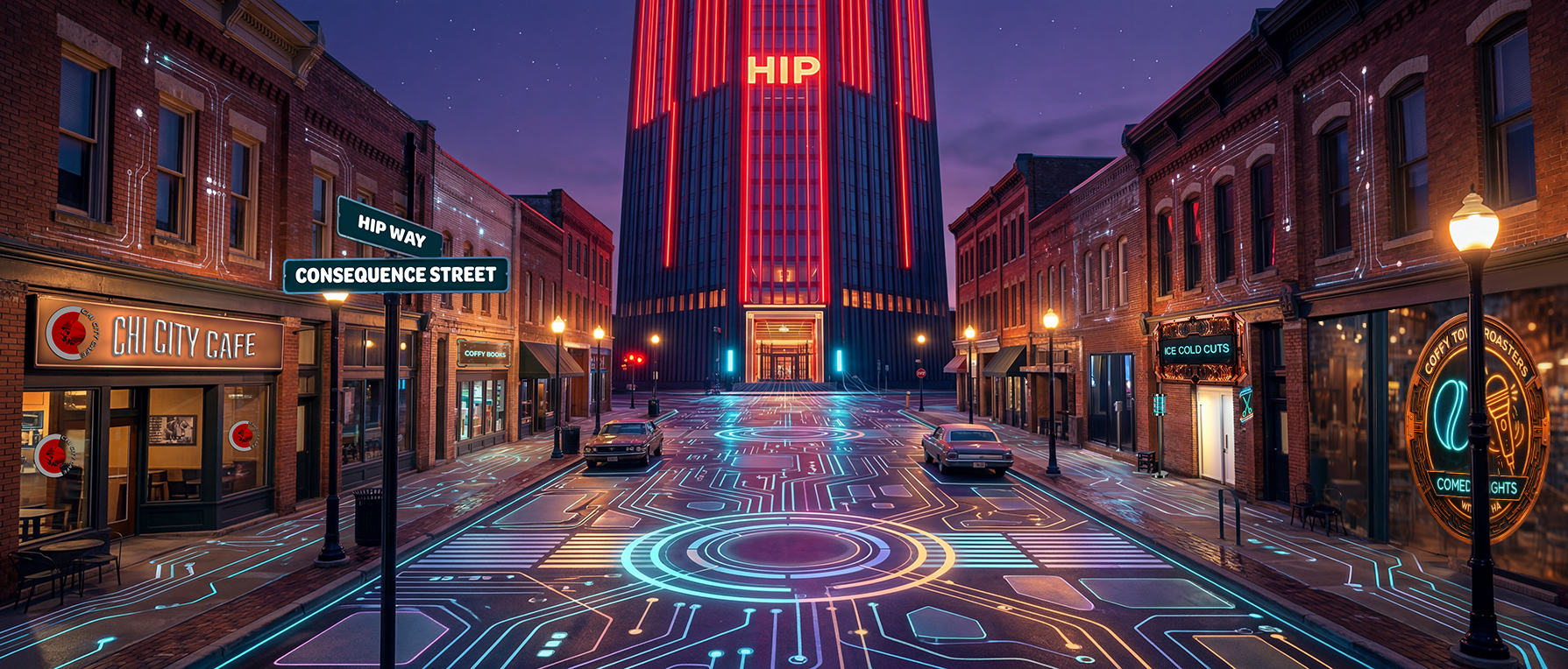 HIP Way district rendering with the two unassigned buildings between Chi City Cafe and Coffy Books.