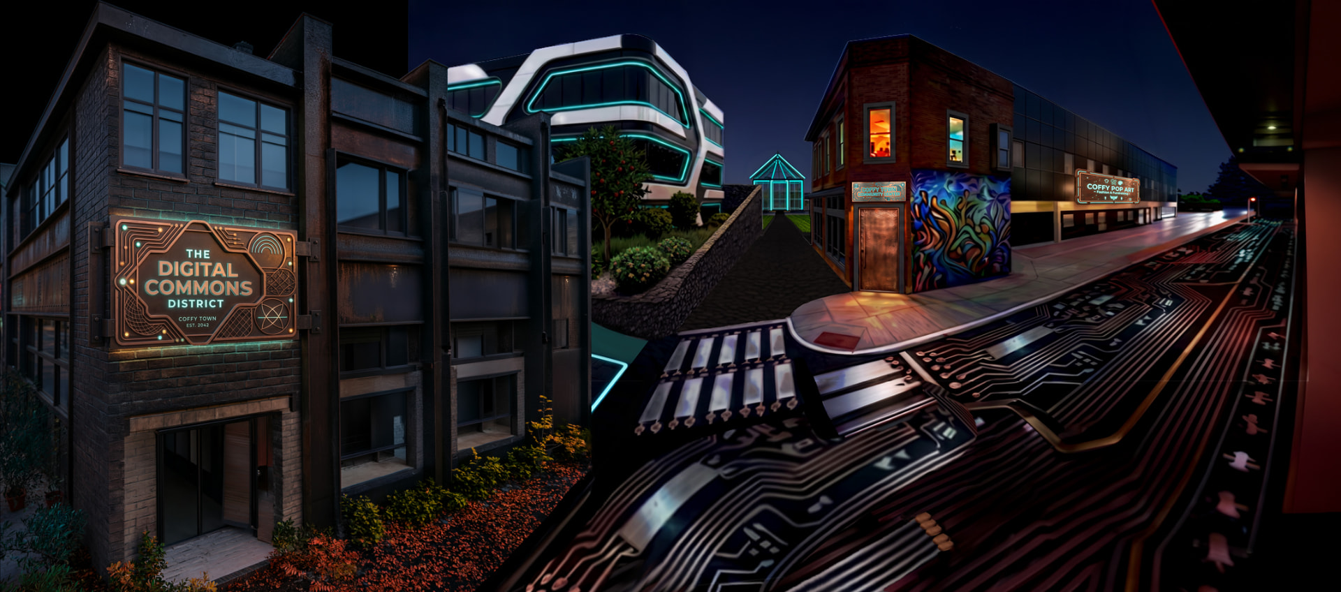 Creative Commons District rendering; the signed building on the left is the Bed & Breakfast, beside the Press Complex.