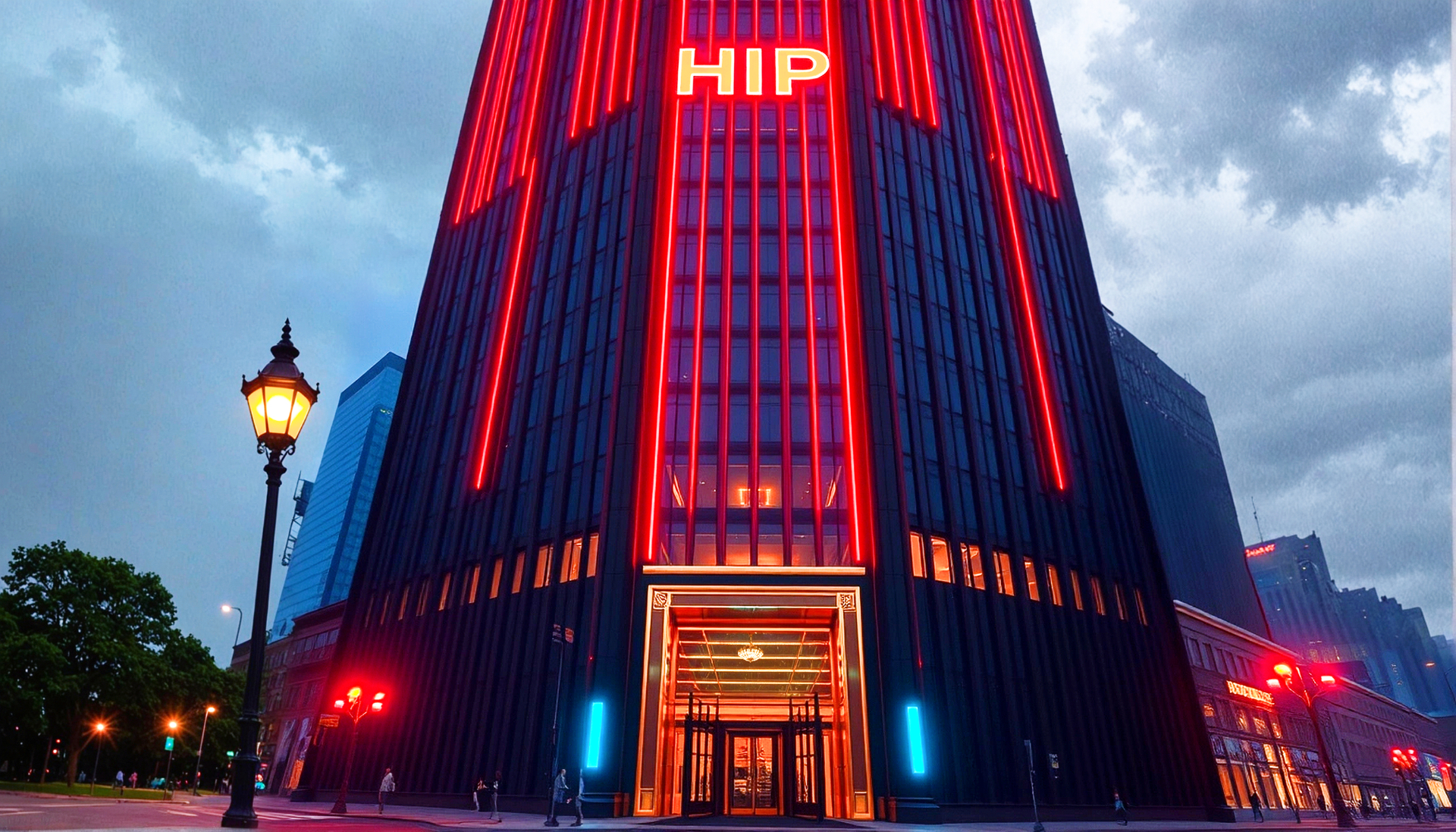 The HIP IP Tower — a neon-lit vertical monolith